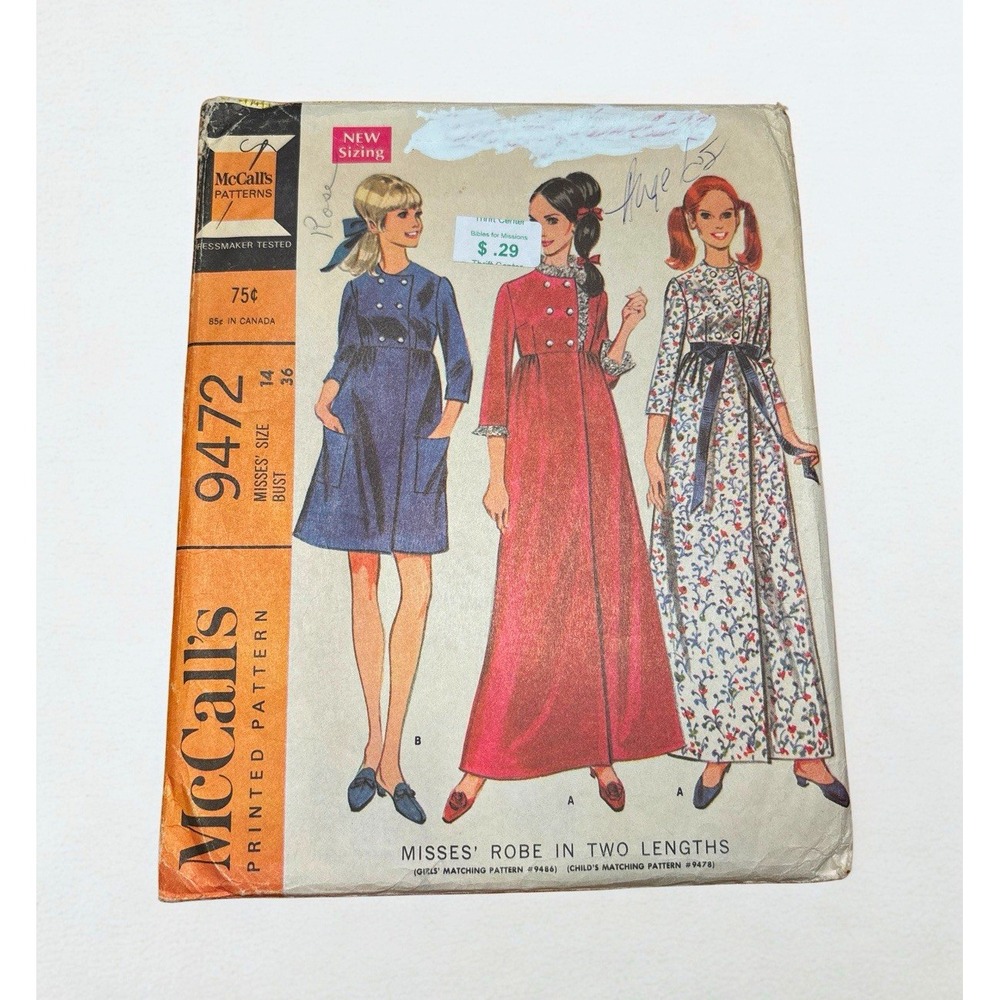 Vintage 1968 McCall's 9472 Misses Bath Robe Housecoat Sewing Pattern High Waist
